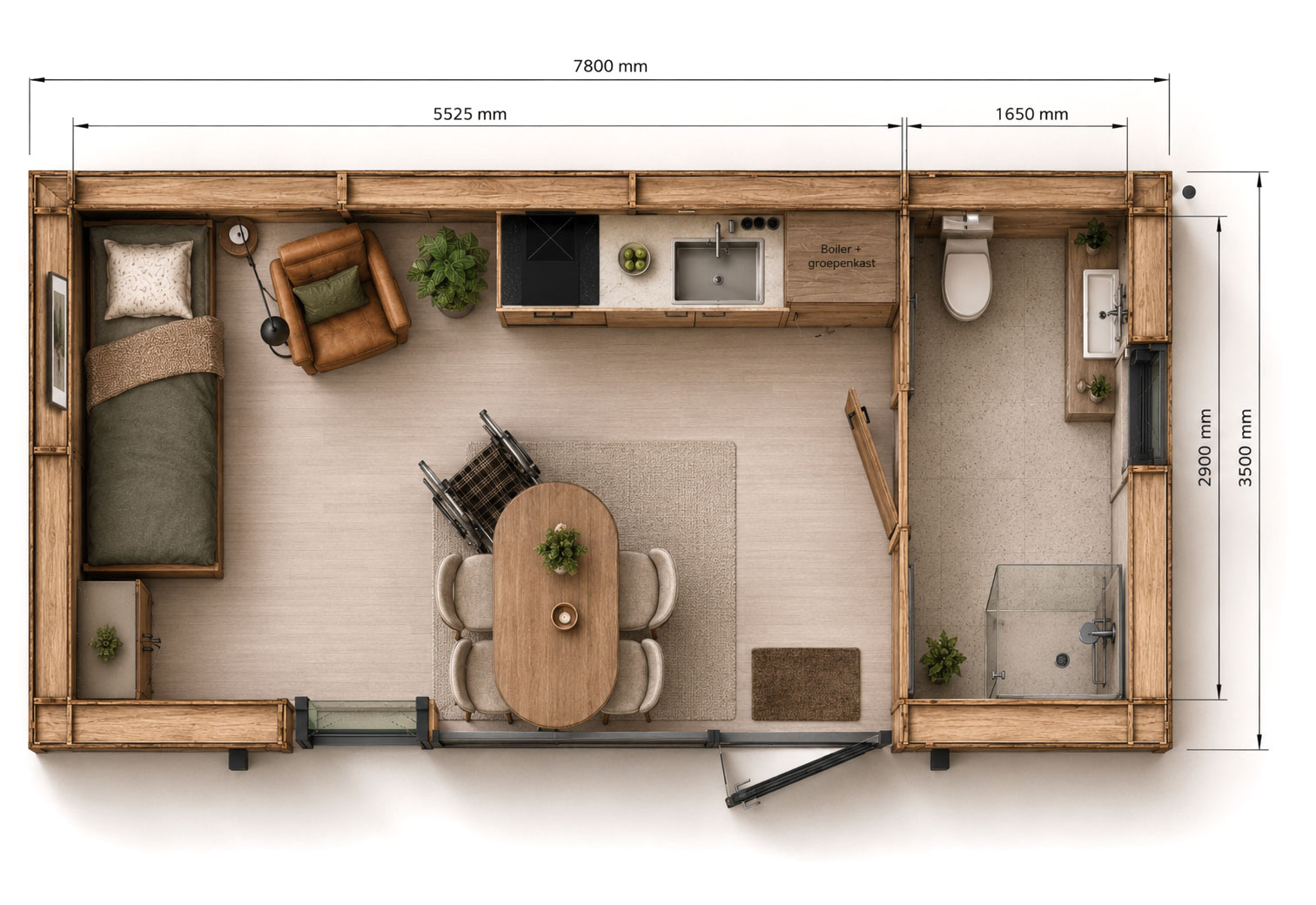plattegrond tinyhous - tinyfox - mantelzorgwoning - 7,8m x 3,5 m - past in veel iets grotere tuinen - Nederlandse fabriek - veenendaal - midden nederland - tuinwoning
