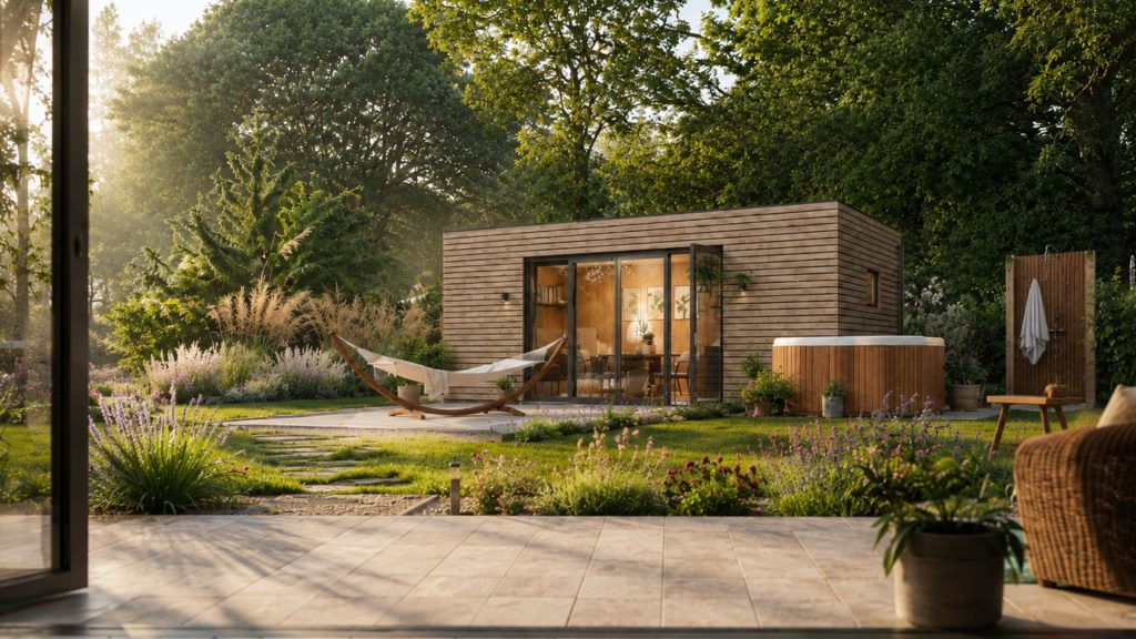 Luxe TinyFox woonunit met terras in een groene tuin.